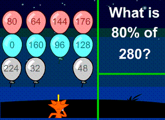 Arcade syle game on finding percent of a number mentally. You need a strategy so you can do it in your head. Use arrow keys and space bar to shoot.