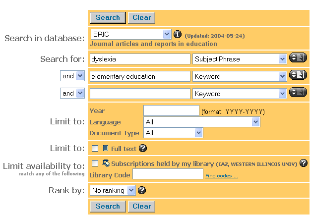 Graphic displays main search screen with dyslexia as a subject phrase search in the first search box and "elementary education" as a keyword search in the second box.