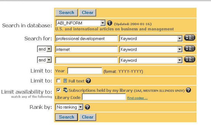 This graphic displays the same search as the one above, only this time the box "Subscriptions held by my library" is checked.
