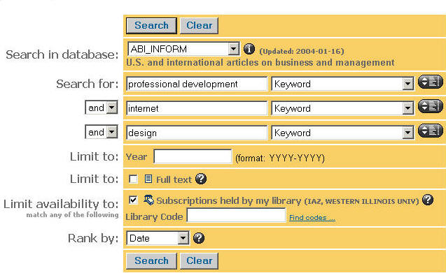 This graphic depicts the same search as before, but now the keyword "design" has been added to the mix and the date delimter removed.  So, the search tems are: Professional development, internet, and design. The "Subscriptions held by my library" box is checked. 
