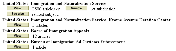 This shows the first level of the "narrow by subdivison" option. The top option is United States Immigration and Naturalization Service--with 2600+ articles. This image is not clickable.