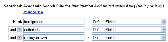 This is an image of a keyword / default settings search. The terms are "immigration, united states, (policy or law)