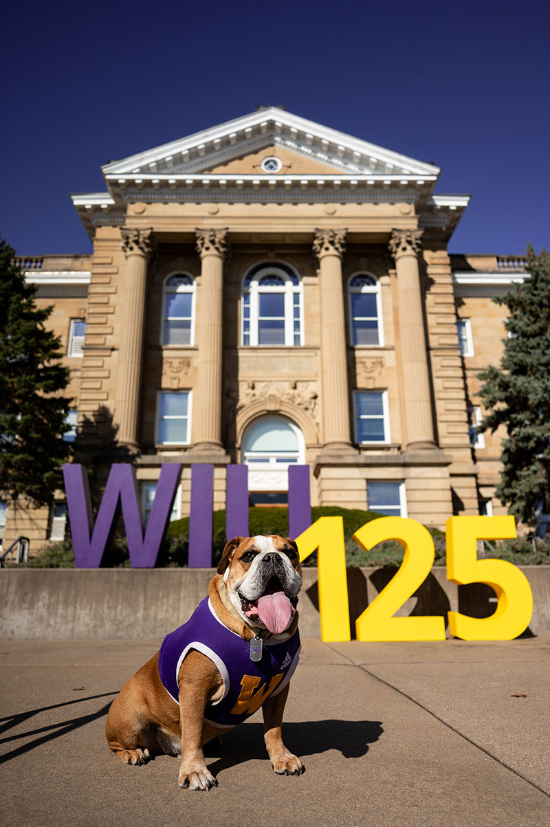 front of Sherman Hall with live bulldog mascot in front of WIU 125 sign 