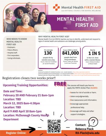 Western Illinois University will host three free mental health first aid training opportunities in Macomb in February, March and April.