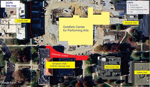 The sidewalk east of Simpkins Hall and the COFAC Recital Hall will be closed starting Monday, Oct. 20.