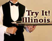 Waiter holding a silver platter with the text Try It! Illinois.