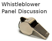 Photo of a whistle with the text whistleblower panel discussion